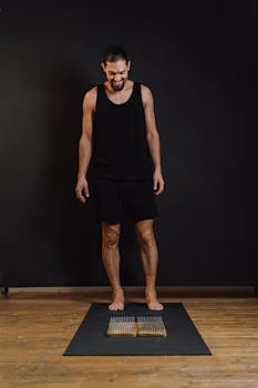 Adult practicing nail bed therapy for relaxation and focus on wooden floor.