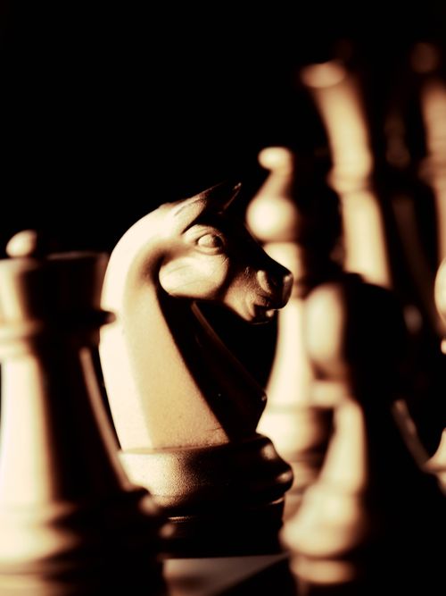 Free Dramatic close-up shot of chess pieces on a board, emphasizing the knight. Stock Photo