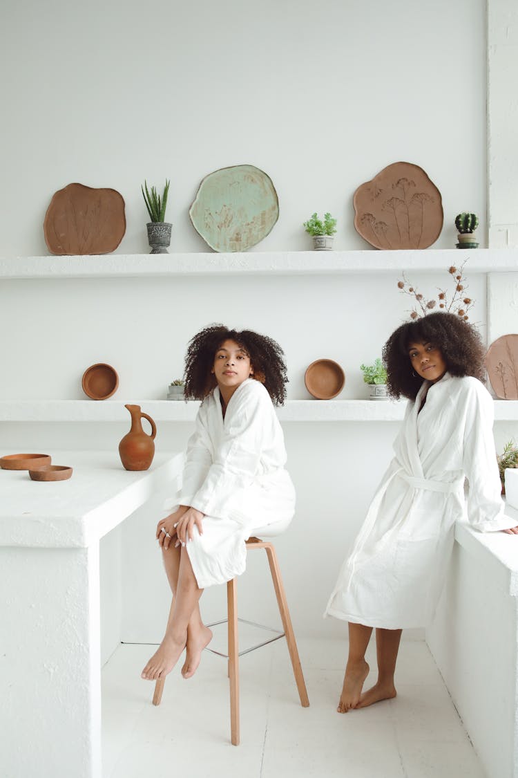 Women Wearing Bathrobes Indoors