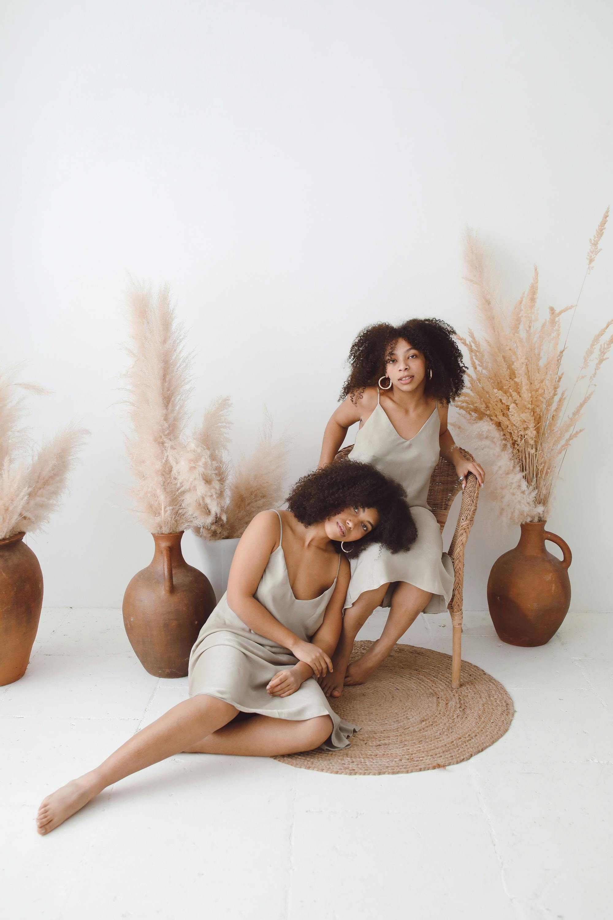 迷人的肖像两名妇女在丝绸礼服所包围的潘帕斯草在一个极简的设置