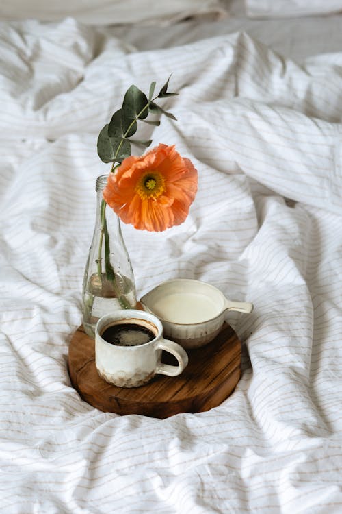 Free High angle of cup of aromatic coffee and milk jug placed on round wooden tray with vase of delicate fresh flower on soft bed in sunny morning Stock Photo