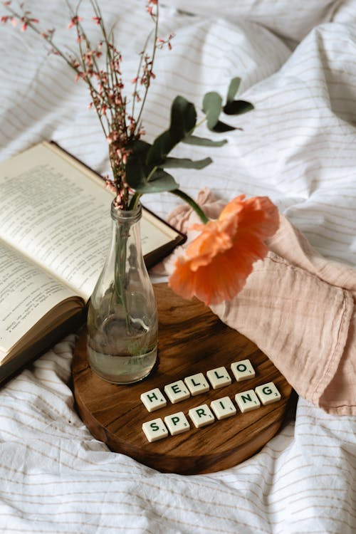 Hello Spring Scrabble Tiles on Wooden Board