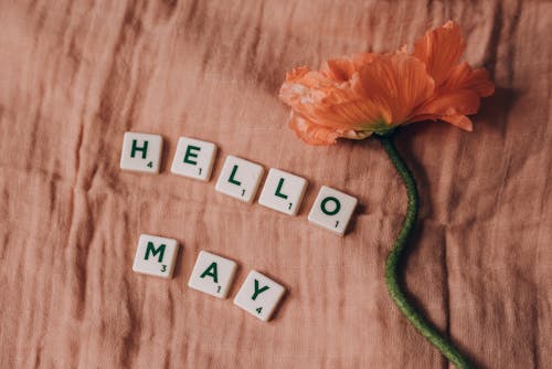 Close-Up Shot of Scrabble Tiles beside a Flower