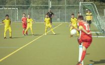 Dedicated teenage boys in activewear playing football together on field of outdoor stadium on sunny summer day
