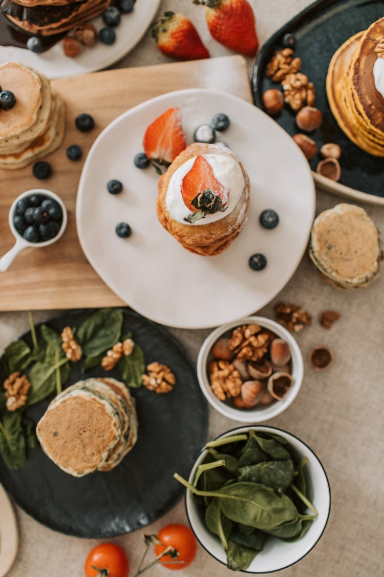 Overhead Shot Of Pancakes With Fruits