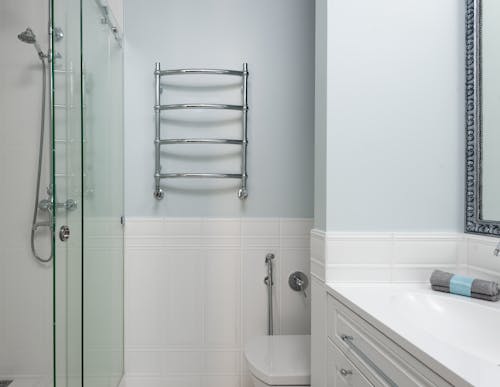 Stylish bathroom with shower cabin