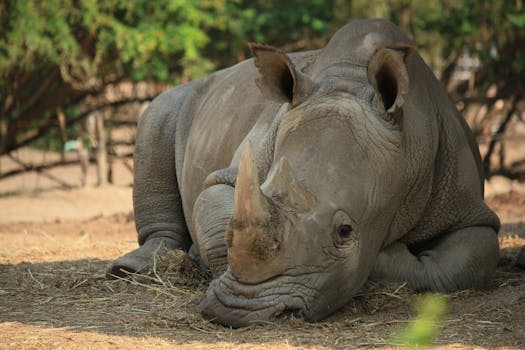 Close-up of a rhinoceros resting outdoors, highlighting wildlife and conservation.