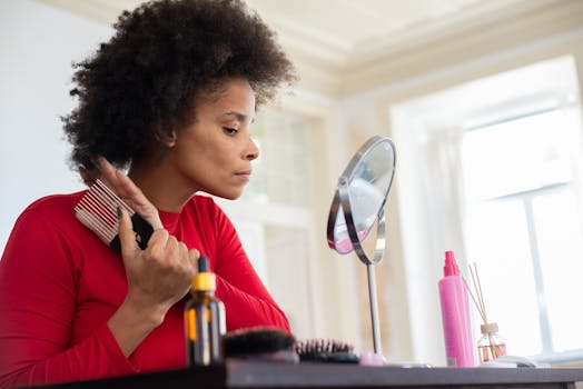 A woman in a red shirt combing her hair by a vanity mirror indoors, creating a personal morning routine scene.