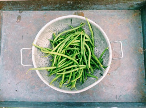 Green String Beans on Stainless Steel Strainer