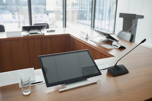 Stylish meeting room setup featuring digital screens and microphones on a wooden table.