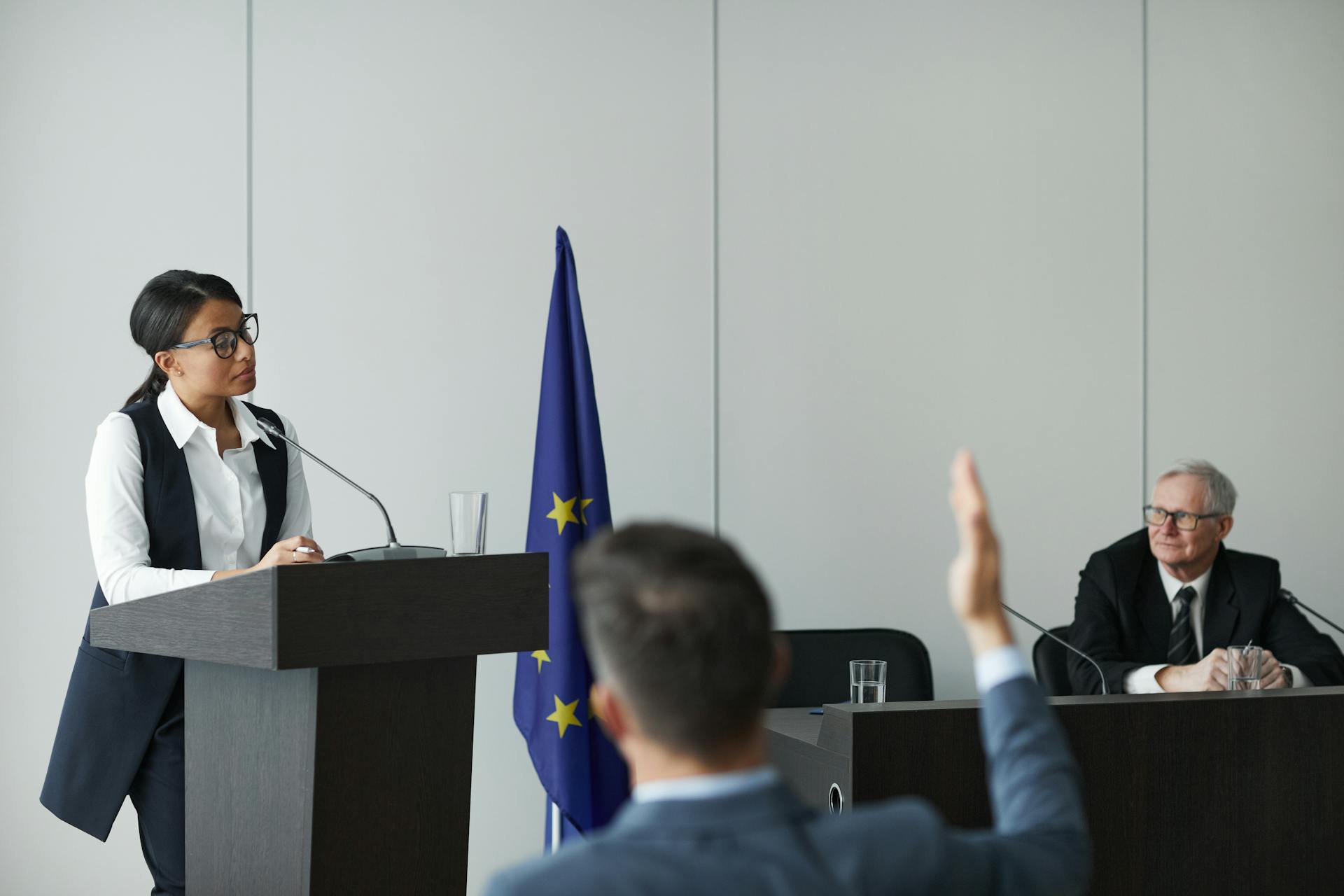 A woman speaking at a European Union conference while delegates listen attentively.