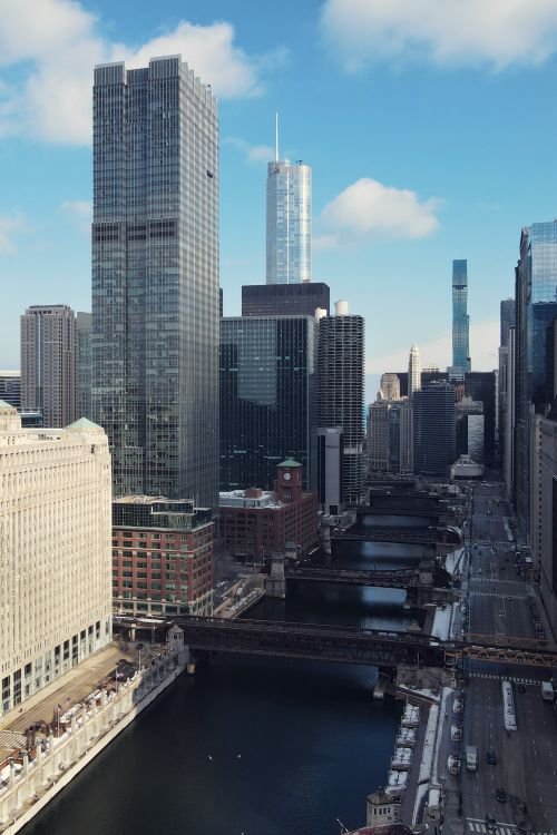 Free Stunning aerial view of Chicago's skyline with the Chicago River in the foreground. Stock Photo