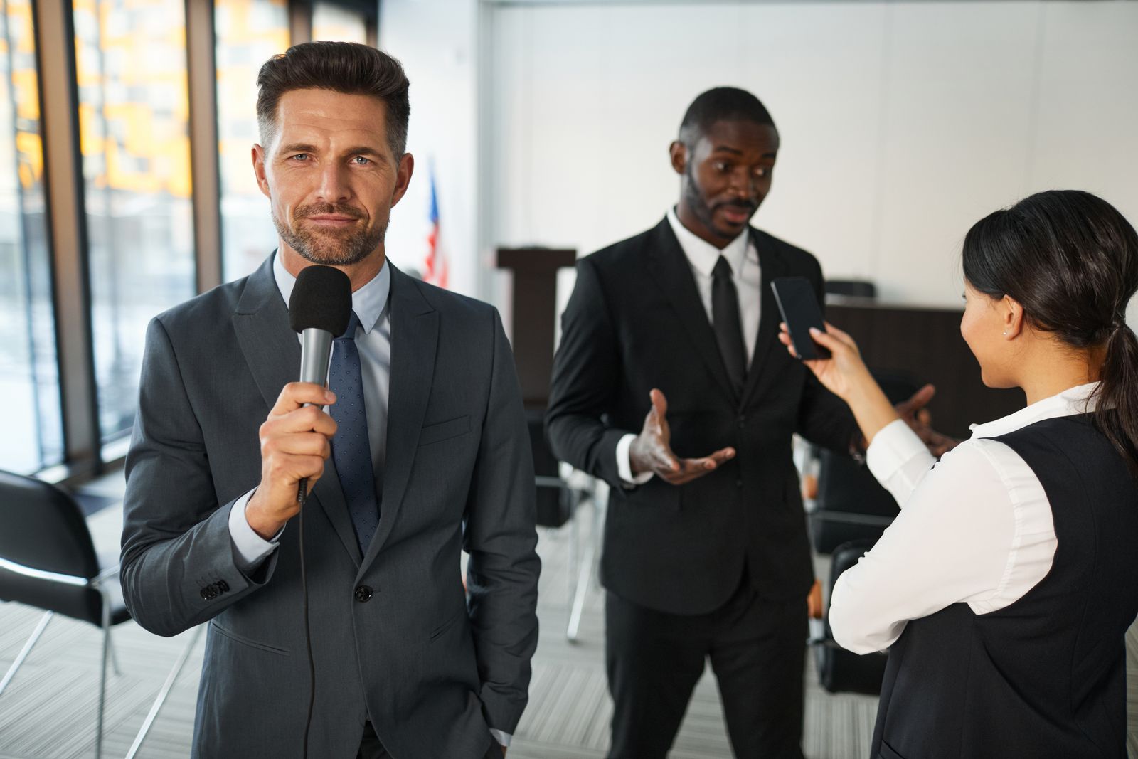 Technology media interview in a professional office setting