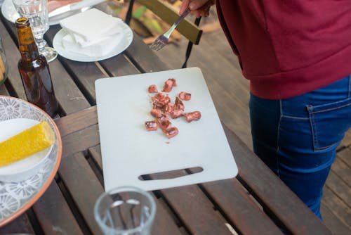 Close up of Sausage on Tray on Table