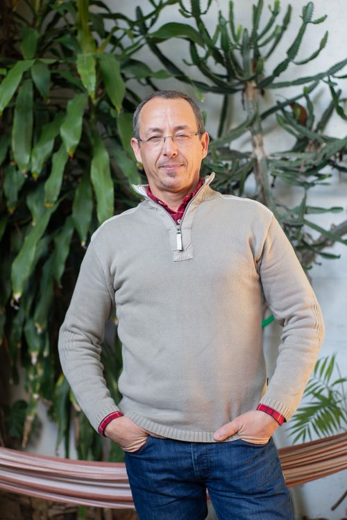 Free Portrait of a middle-aged man in a grey sweater standing outdoors with greenery in the background. Stock Photo