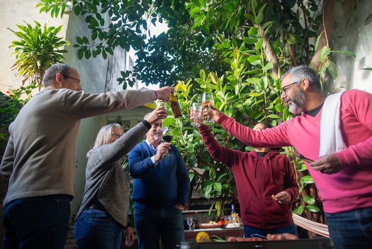 A Group Of Elderly People Clinking Glasses