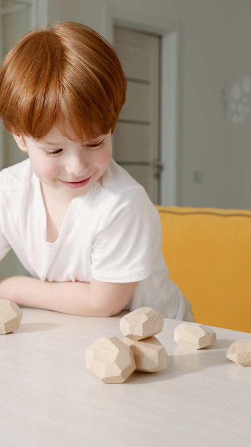 A Little Boy Playing with Balancing Wooden Blocks