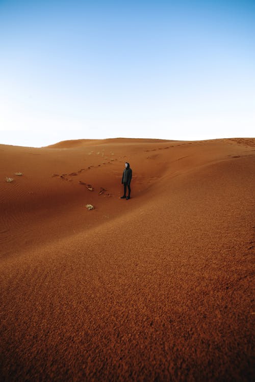 Unrecognizable person standing in sandy desert