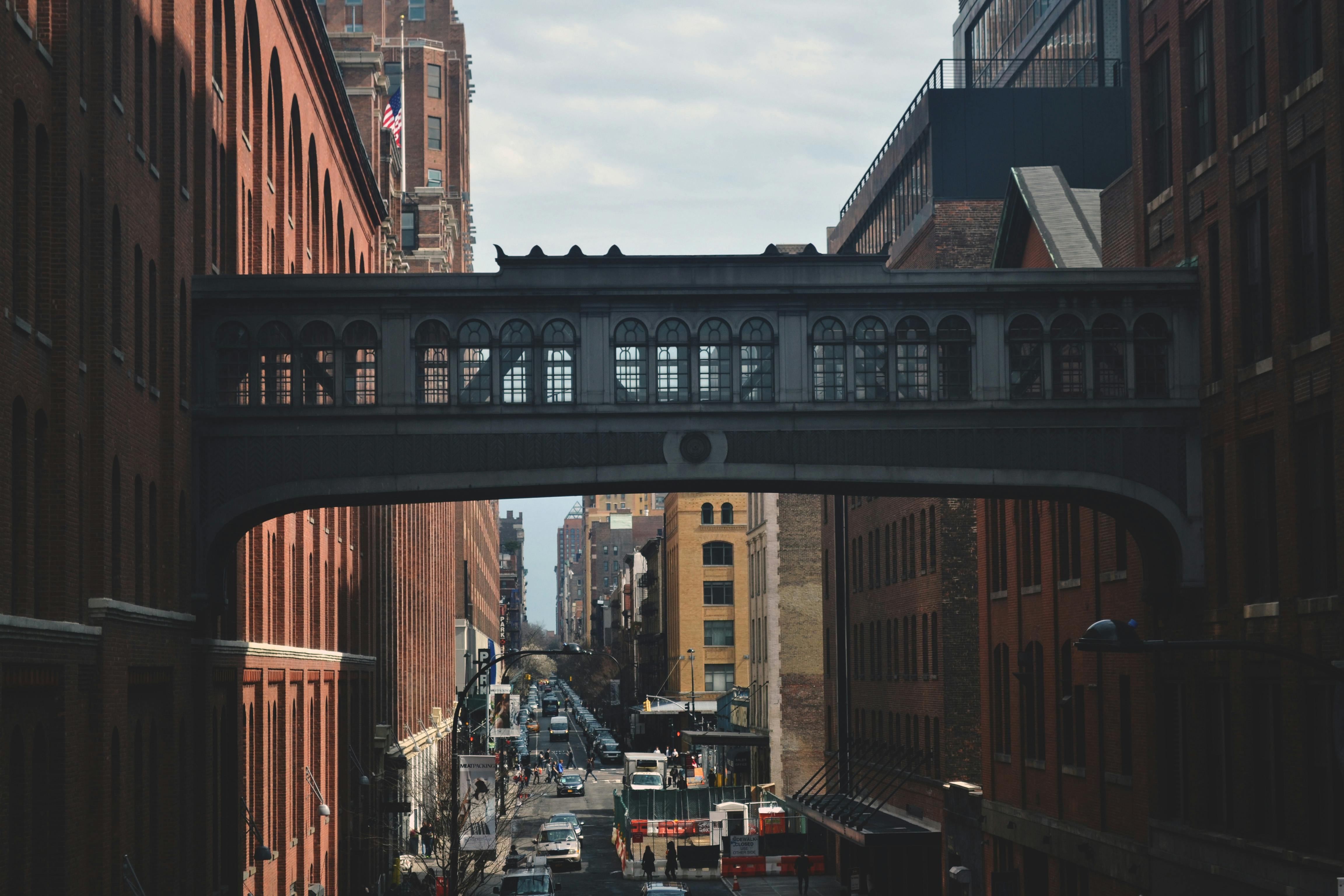 Modern city street with transition construction between buildings ...