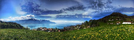 在充满活力的蓝天下，俯瞰日内瓦湖和高山，尽览瑞士乡村的壮丽全景