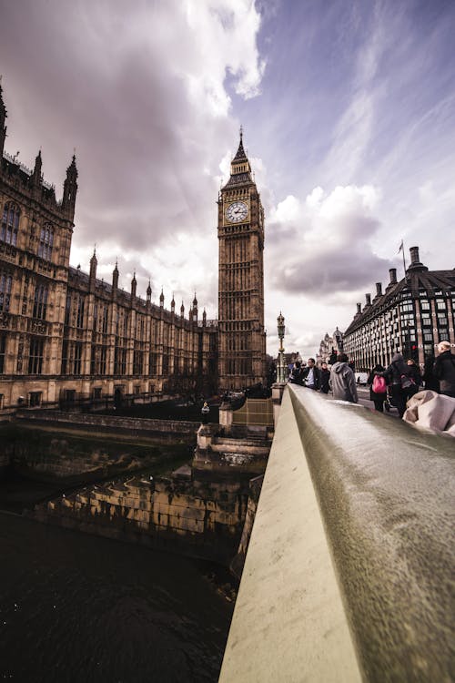 View from Westminster bridge to Big Ben clock tower and Houses of Parliament United Kingdom in London against cloudy sky on daytime