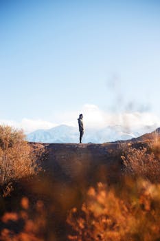 秋日蓝天下，一个站在灌木覆盖的小山脊上的匿名者侧影，映衬着远处白雪覆盖的山峦