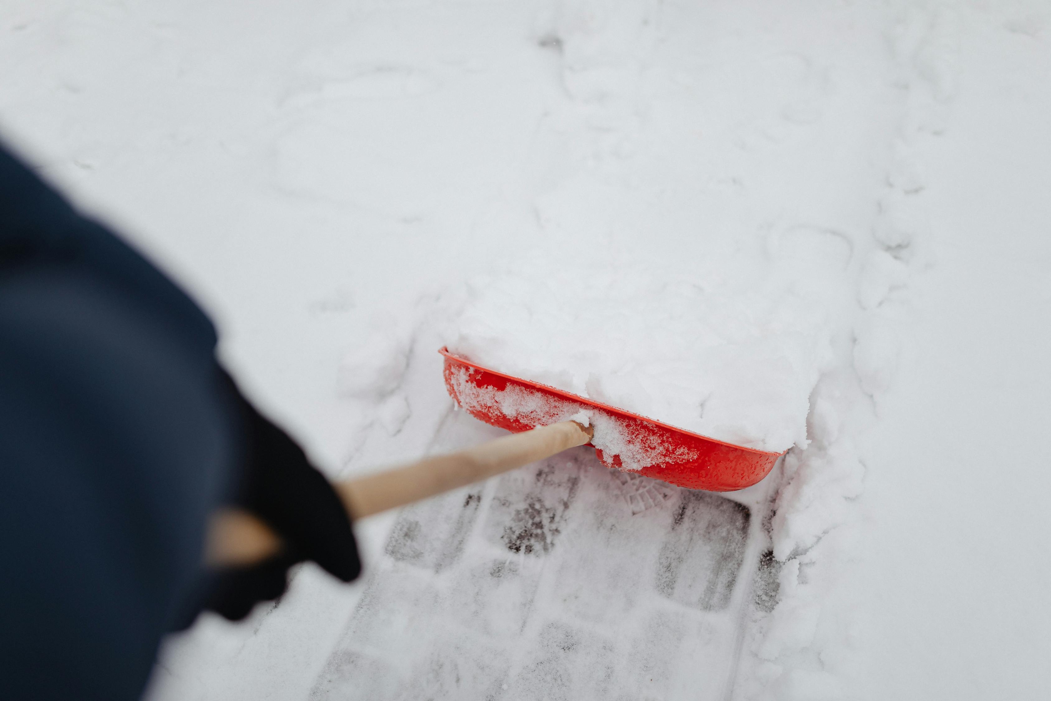Person Holding Red and Brown Shovel on Snow Covered Ground