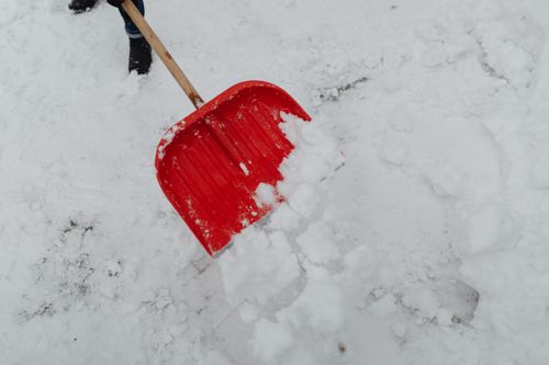 Free Red snow shovel clearing fresh snow, highlighting winter labor and cleanup. Stock Photo