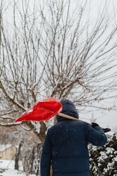 Back view of person holding red shovel in snowy landscape, wearing a puffer jacket.