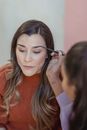Crop visagiste painting eyebrows of client
