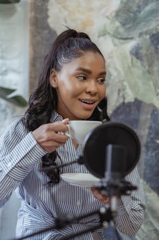 African American woman enjoying a cup of coffee while recording a podcast indoors.