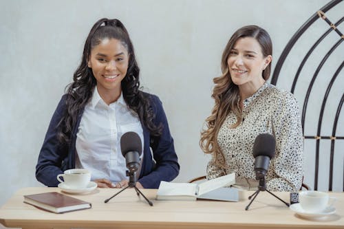Smiling diverse women sitting at desk with microphones