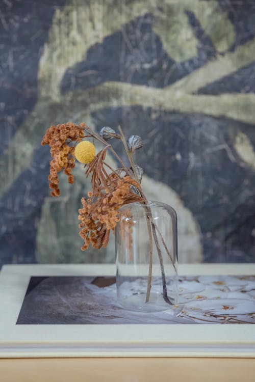 Stems of dry plants in glass vase placed on painting arranged on wooden table in workshop