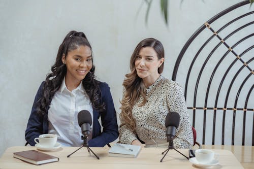 Content young diverse businesswomen sitting at table with microphones during meeting