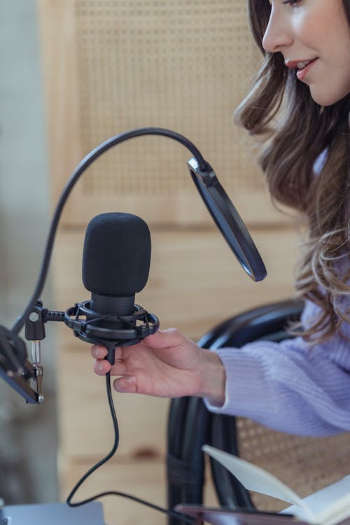 Side view of crop female blogger recording audio on mic while sitting in armchair with notepad