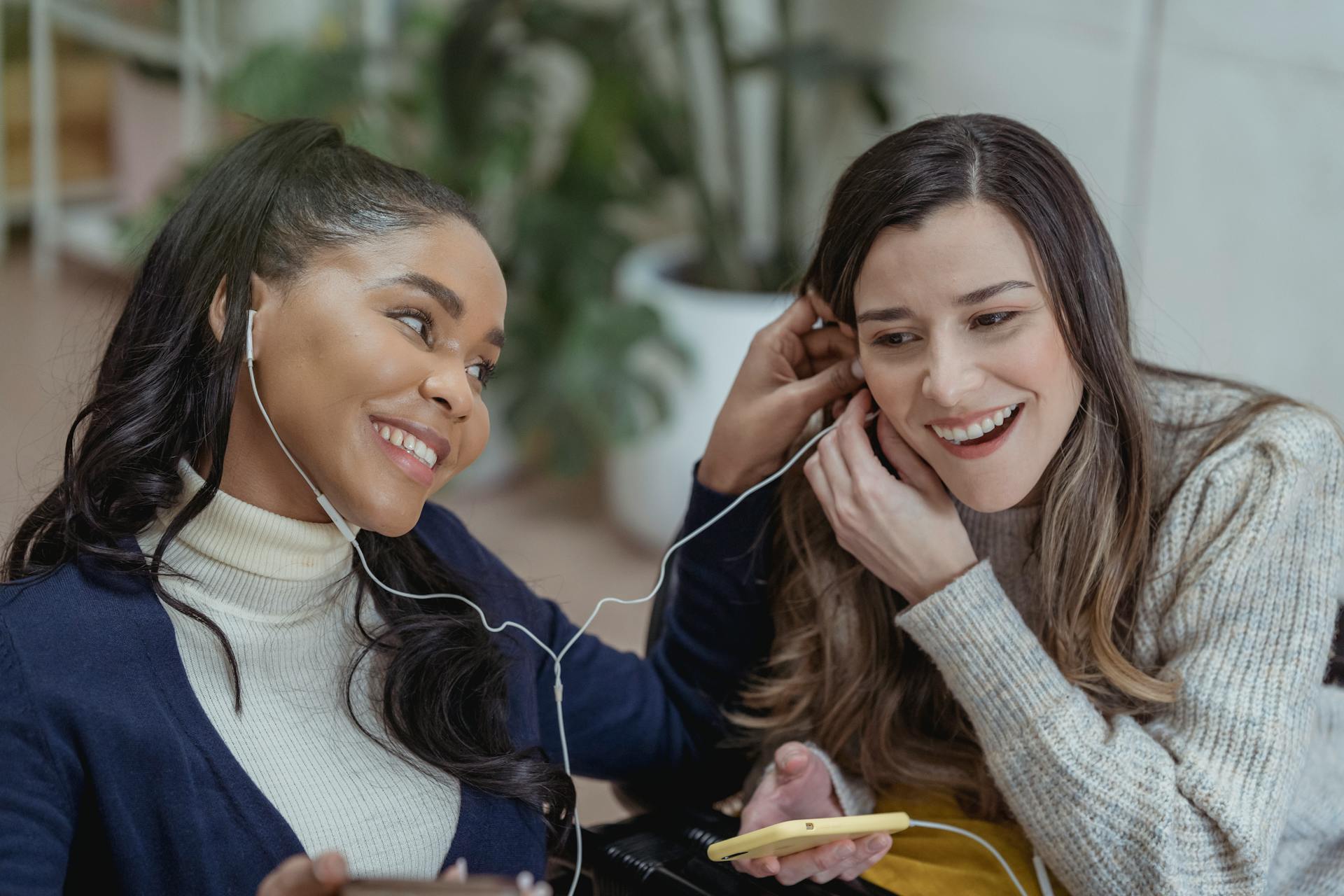 Happy young African American lady with smartphone and earphones smiling and sharing music with female best friend while chilling together in cozy cafe