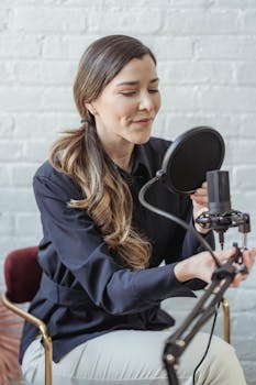 Woman recording a podcast in a modern studio with a microphone and pop filter, showcasing a professional setup.