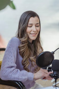 Cheerful female with wavy hair talking to professional microphone and sitting in chair while recording podcast in light room on blurred background