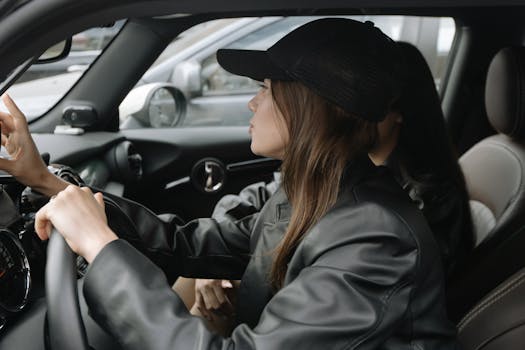 A woman in a leather jacket and cap is driving a modern car interior.