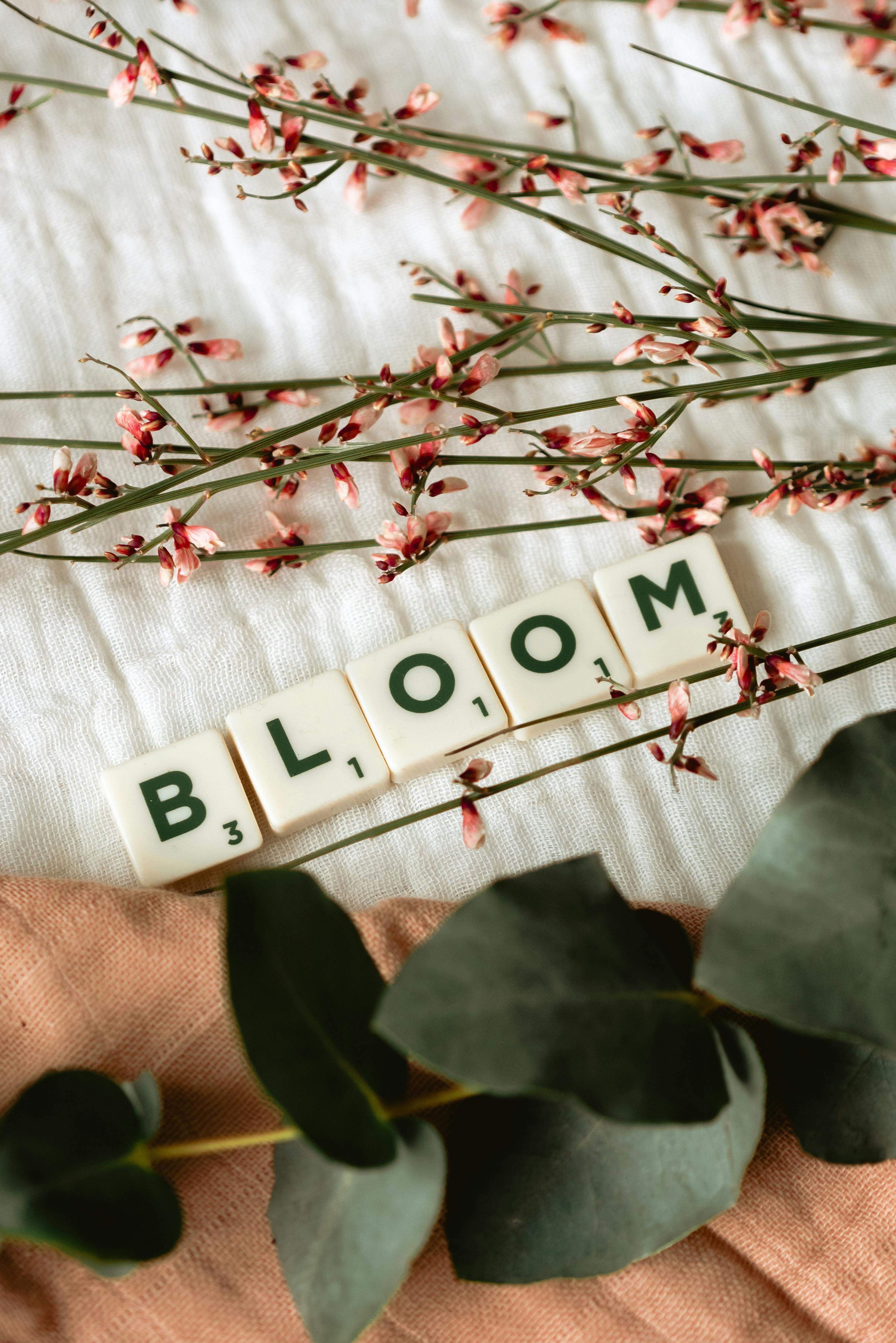 Floral flat lay with the word 'BLOOM' in letter tiles on a textured fabric.
