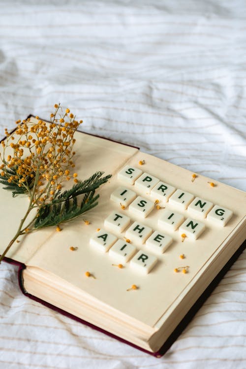 Scrabble Letter Tiles over a Book