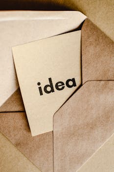 A close-up of a brown envelope containing a card labeled 'idea,' symbolizing creativity and innovation.