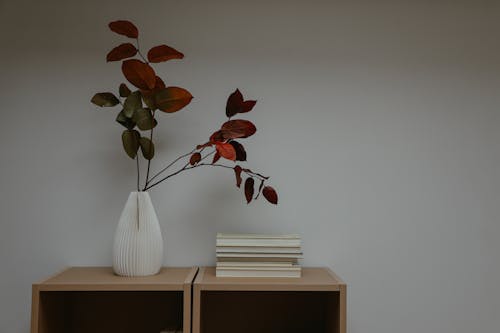 A Stack of Books Beside a Plant in a White Vase