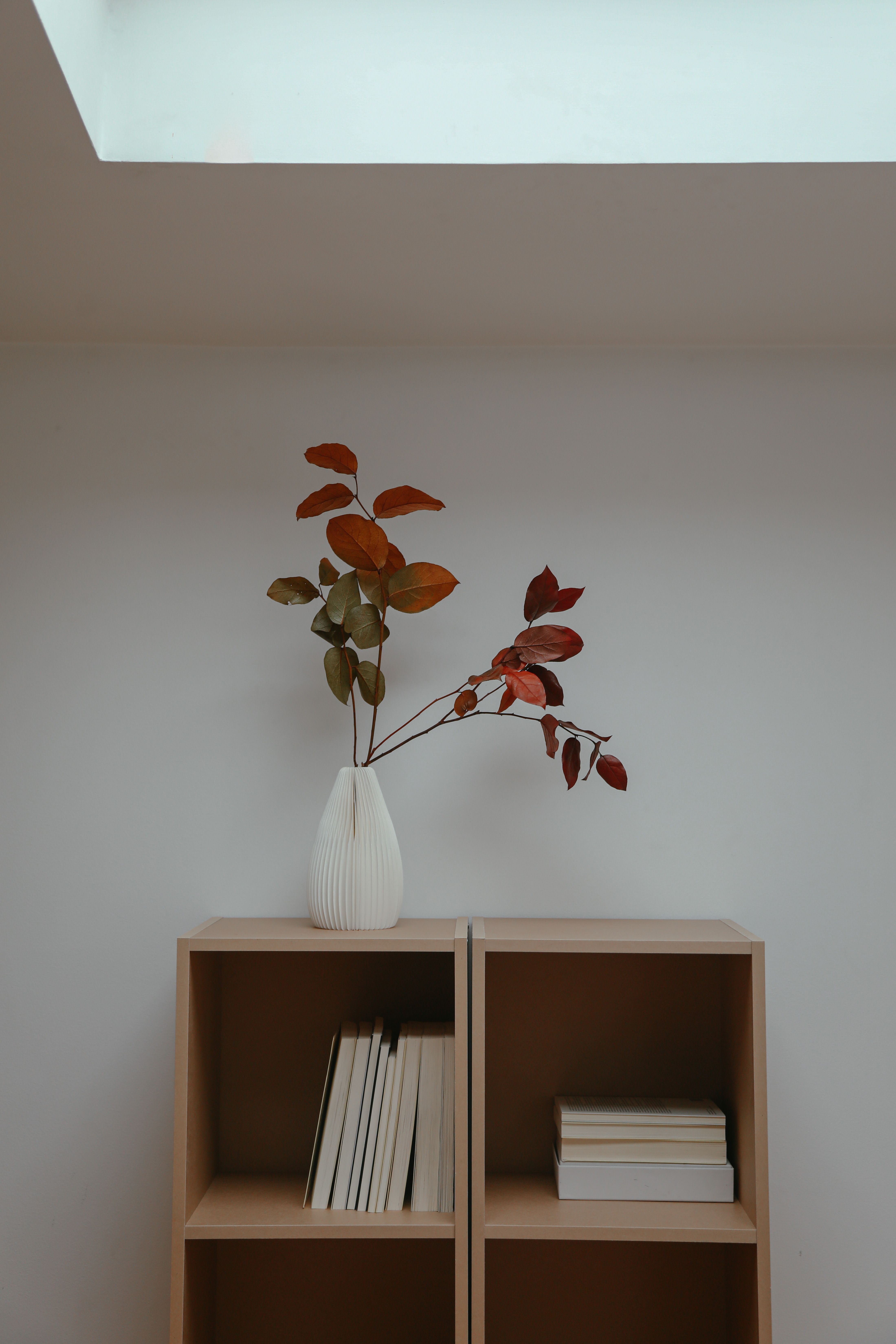 Small cube shelf styled with books and a simple white vase with branches
