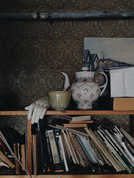 Collection of books placed on wooden shelf near wall with retro teapot with cup and clay hand in weathered workshop
