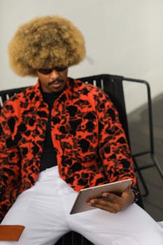 Fashionable man with afro hair in vibrant shirt using tablet indoors. Modern tech meets unique style.