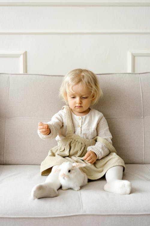 A Toddler Sitting on Sofa with a Bunny