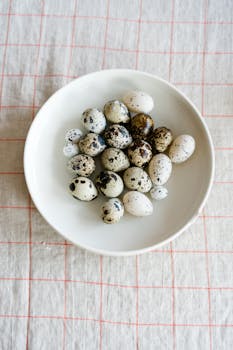 A top view of various quail eggs on a ceramic plate, showcasing their unique patterns.