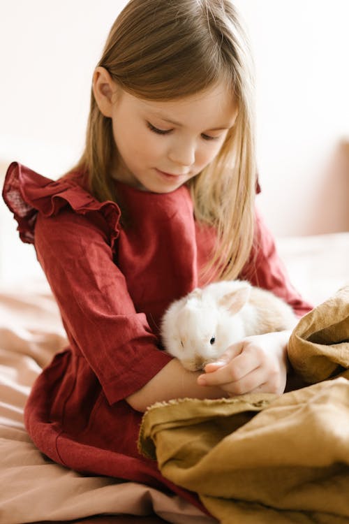 A Girl in Red Dress Holding White Bunny