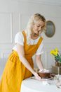 Woman in White Shirt and Yellow Skirt Holding Cake